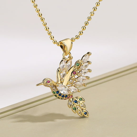 Brass Pave Cubic Zirconia Little Bird Pendant Necklaces Golden Colorful 17.72 inch(45cm)