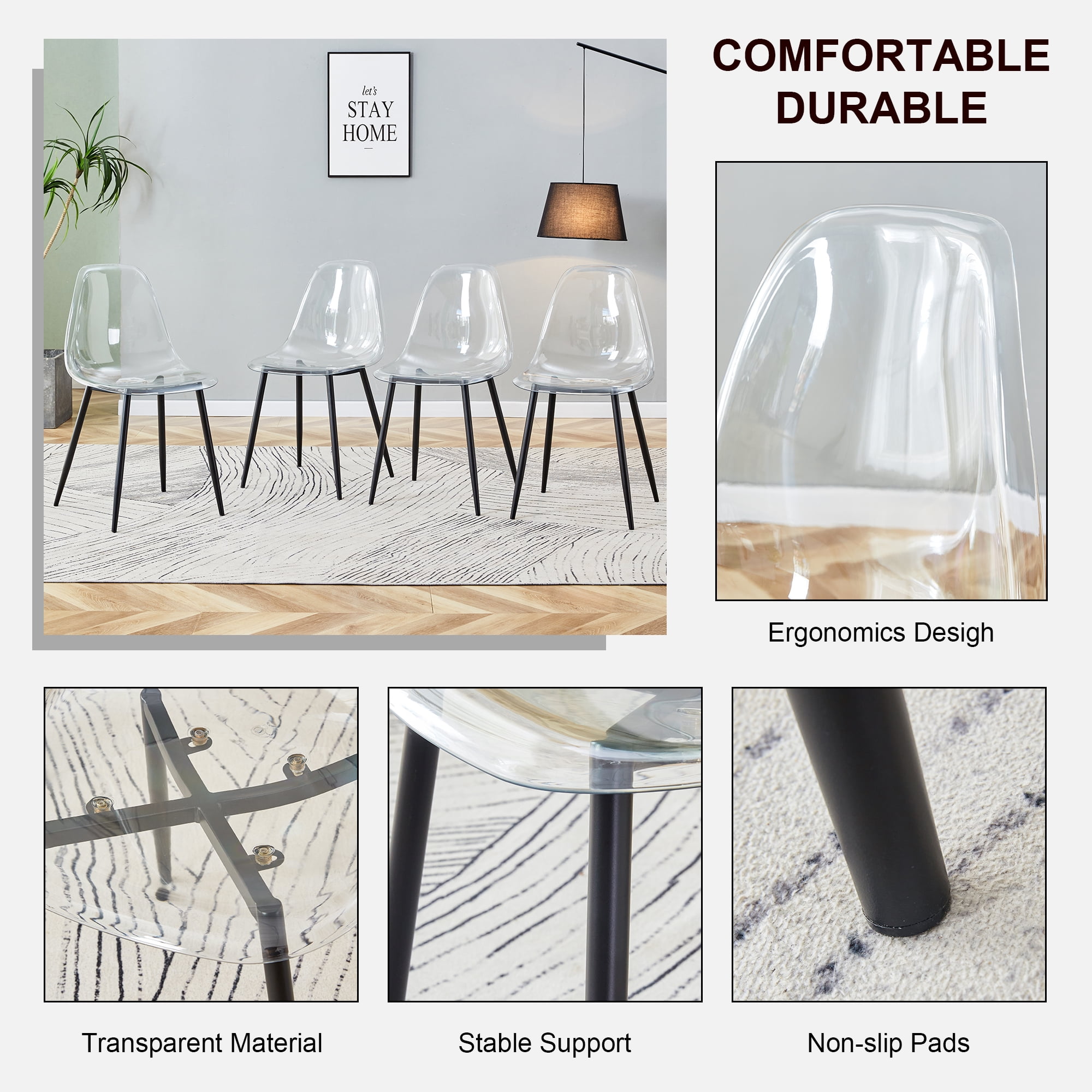 NYEESS Set of 6 Clear Transparent Dining Chairs Armless with Black Metal Legs Modern Acrylic Side Chairs for Kitchen Dining Room