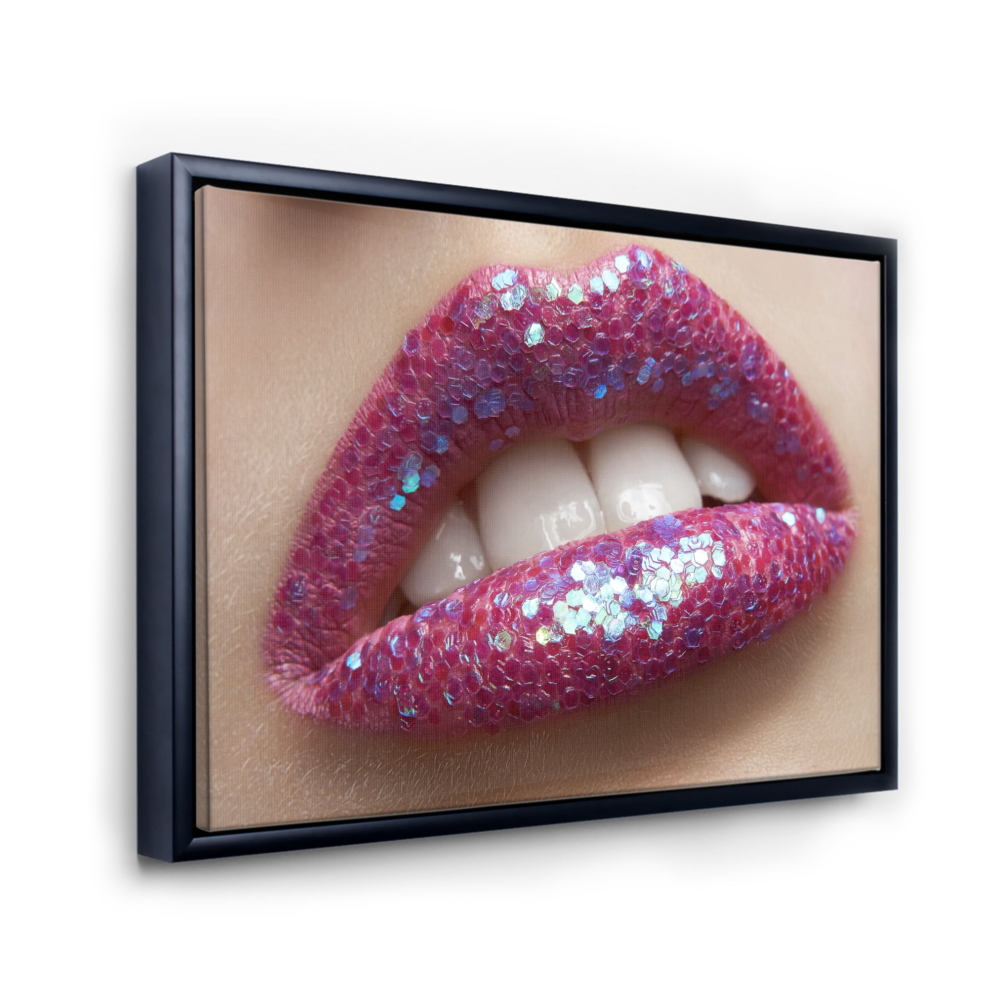 Designart 'Girl Lips Pink Lipstick and Sequins' Modern Framed Canvas Wall Art Print
