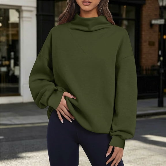 WIZUTIZ Women's Mock Neck Sweatshirt Long Sleeve Solid Color Casual Pullover Top Loose Fit for Everyday