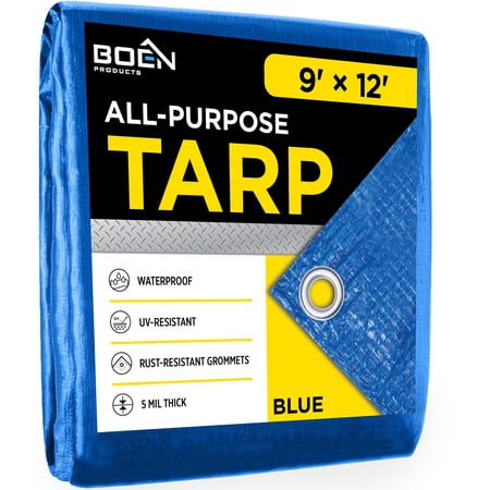 Multi-Purpose 9' x 12' Blue Poly Tarp Cover Heavy Duty 5 Mil Thick Weave Material, Waterproof, Great for Tarpaulin Canopy Tent, Boat, RV or Pool Cover and More 2pk