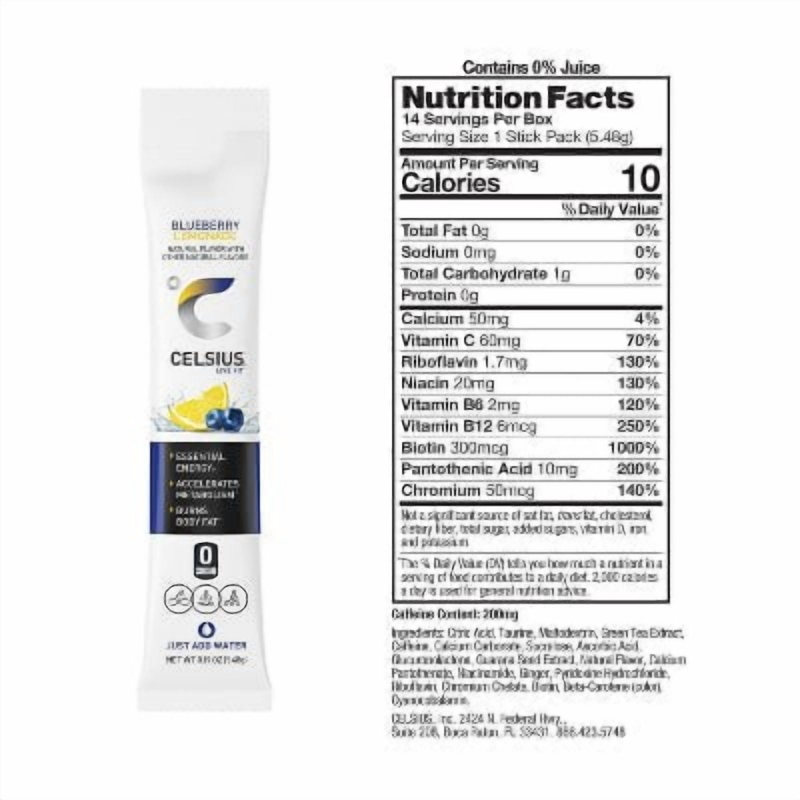 CELSIUS On The Go Powder Sticks Blueberry Lemonade Essential Energy - 14pk Sticks
