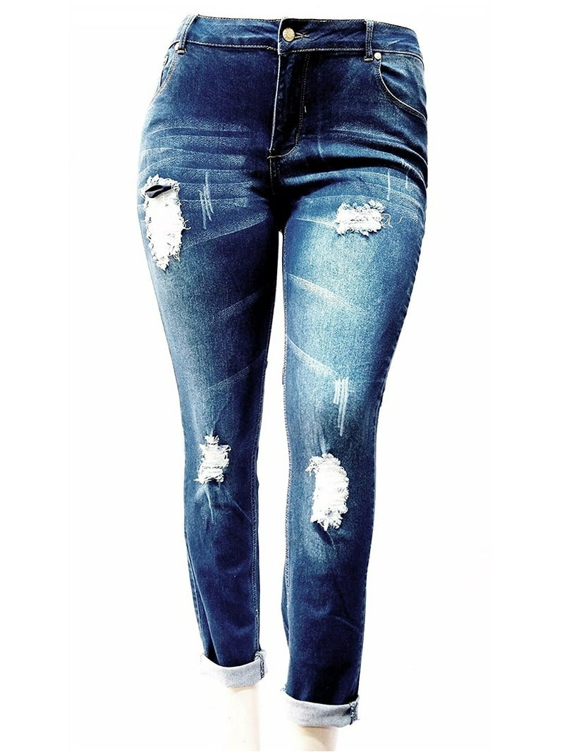 Jack David Women's Plus Size Blue Denim Ripped Distressed Jeans