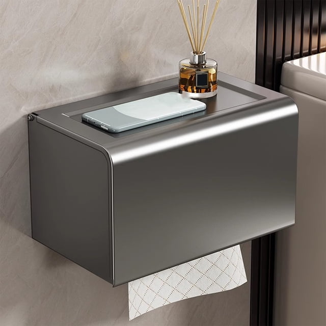 Uuiauoio Alloy Toilet Paper Holder Wall Mounted , No-Drill Tissue Roll Rack for Bathroom Kitchen, Waterproof Storage Box for Tissues Towels, Gray and Black Color Options