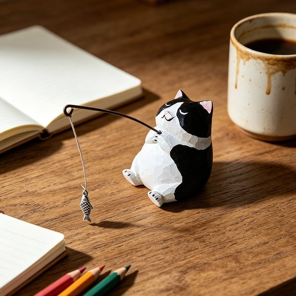 KGJQ Hand-Carved Wood Ornaments Fishing Cat Sculpture Miniature Solid Wood Desktop Decor Eco-Friendly Painted Cat Figurine for Home Office Gift