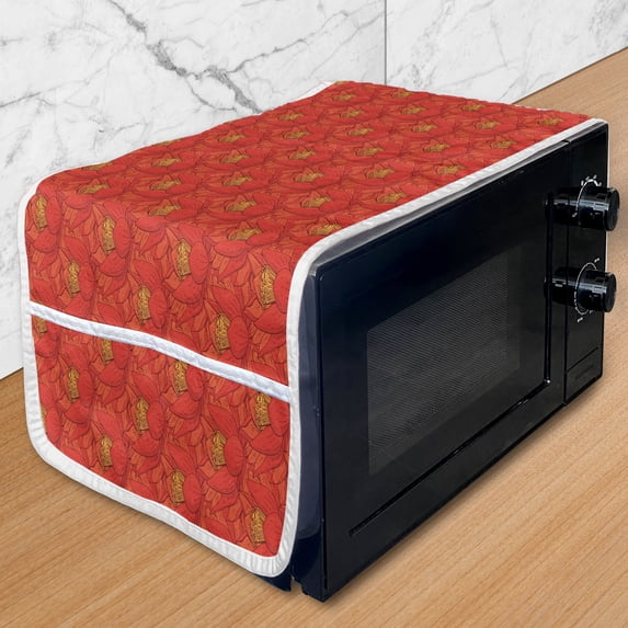 Floral Microwave Oven Cover, Warm Colored Pattern Along Tropical Flowers Repetitive Design Print, Water Resistant Organizer with Pockets for Kitchen, 36" x 12", Vermilion and Burgundy, by Ambesonne