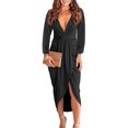 thumbnail image 2 of Women's Winter Solid Maxi Dress Long Sleeve Deep V-Neck Sexy Slit Pleated Long Dress Fall Evening Party Cocktail Dresses, 2 of 7