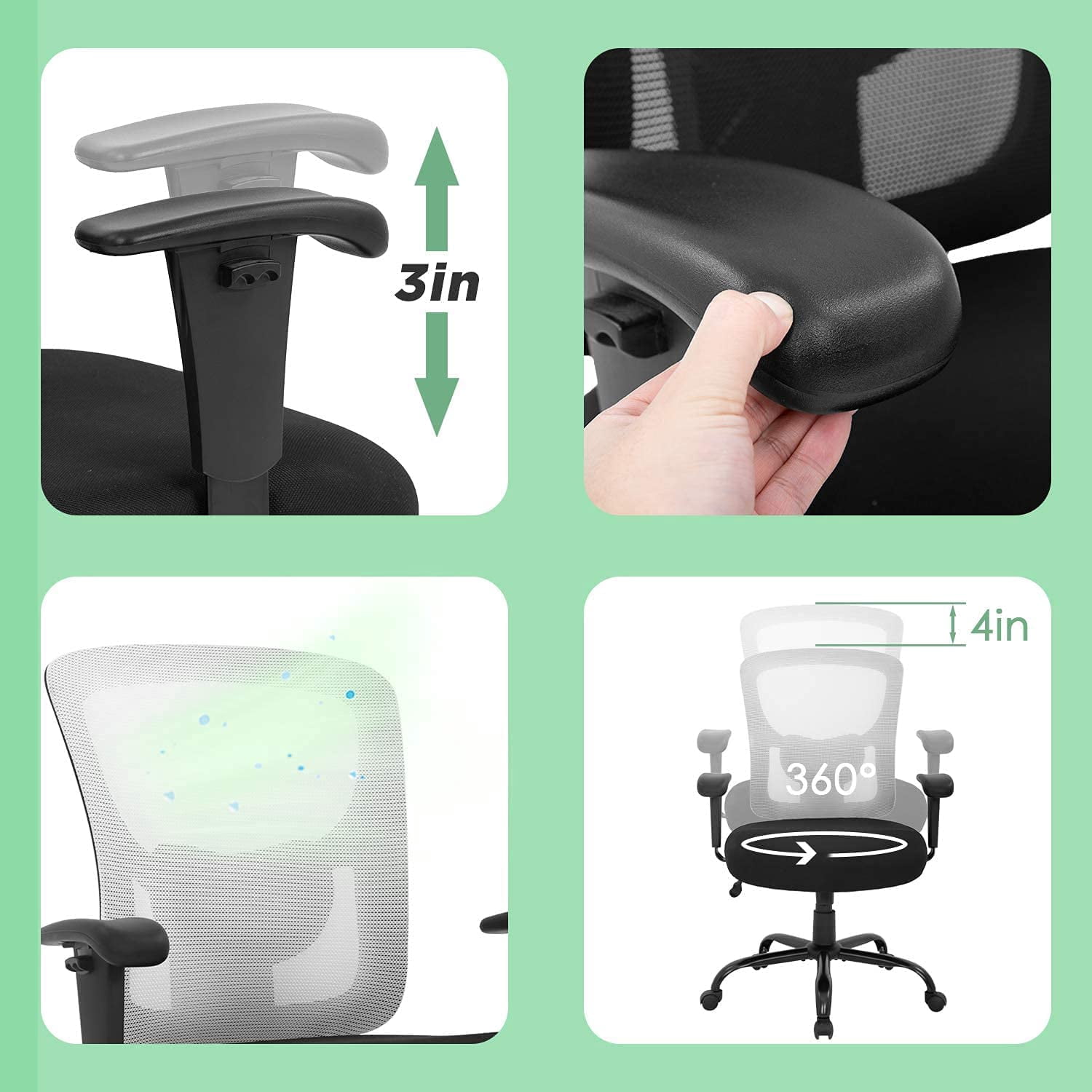 Mesh Desk Chairs Big and Tall Office Chair Ergonomic Computer Chair Weight Limit 400 lbs Heavy Duty Task Chair with Wheels and Adjustable Arms & 23 Inch Wide Seat, White
