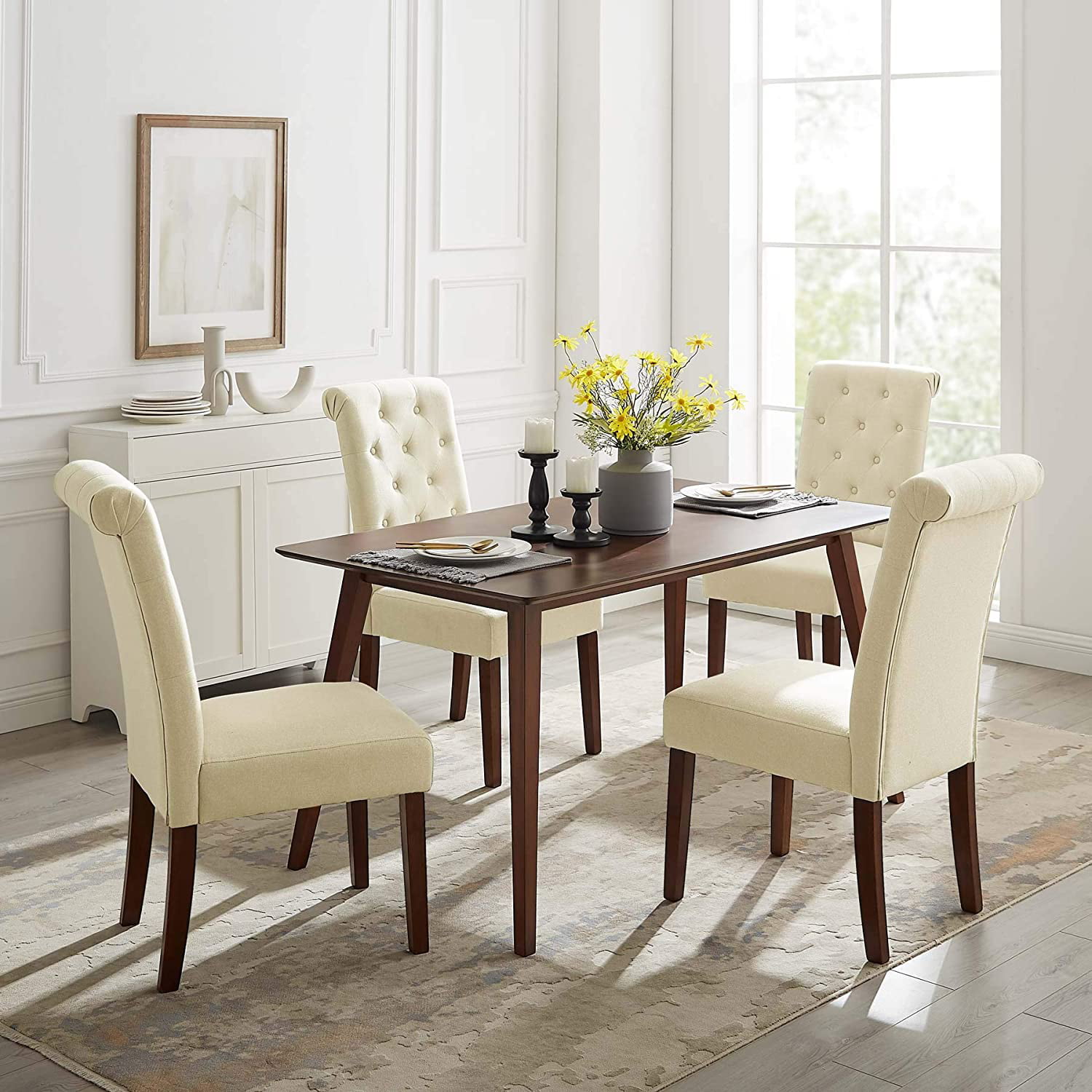 Fabric Tufted Dining Chairs with Rubber Solid Wood Leg, High Back