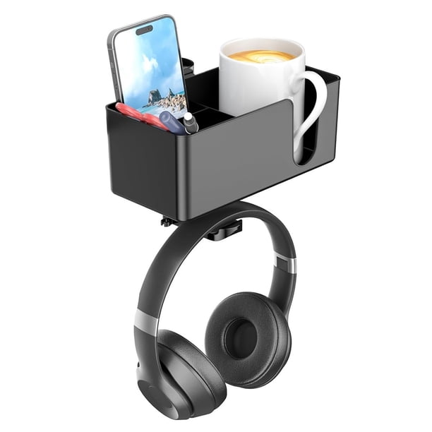 Portavasos Escritorio 4 en 1 - Soporte para Auriculares con Abrazadera para Debajo Escritorio-Soporte Giratorio para Auriculares y Portavasos Desmontable Bolígrafos, Color Negro