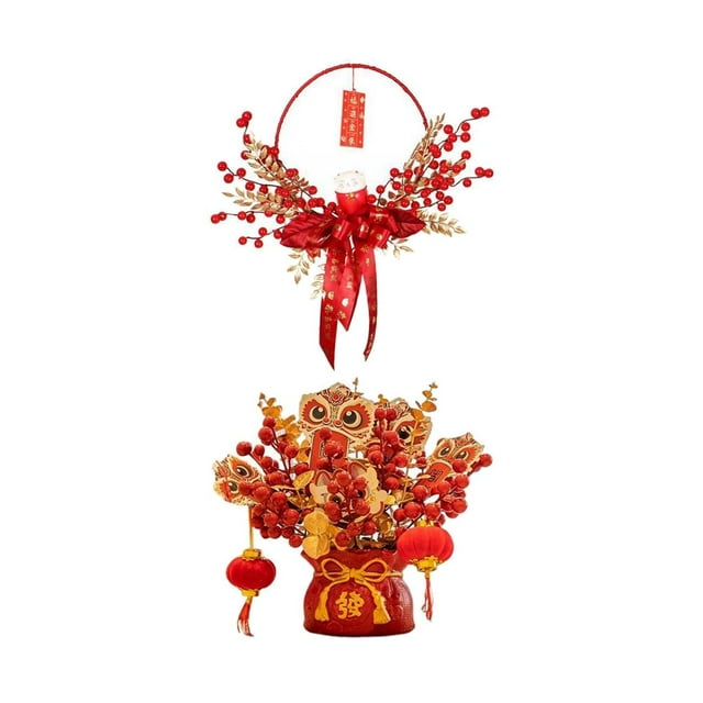 2pcs Wrought Iron Wall Hanging Wreath Berries Red Bowknot for Celebration Ornament