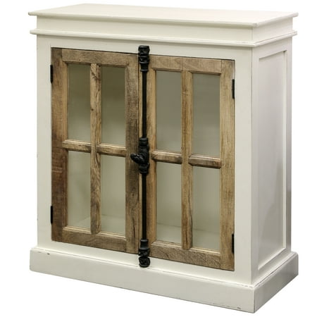Tucker - Two Door Cabinet - Clear Tempered Glass Window Pane Door Panels - Classic French Door Locks - Mango Wood - Two Tone White -