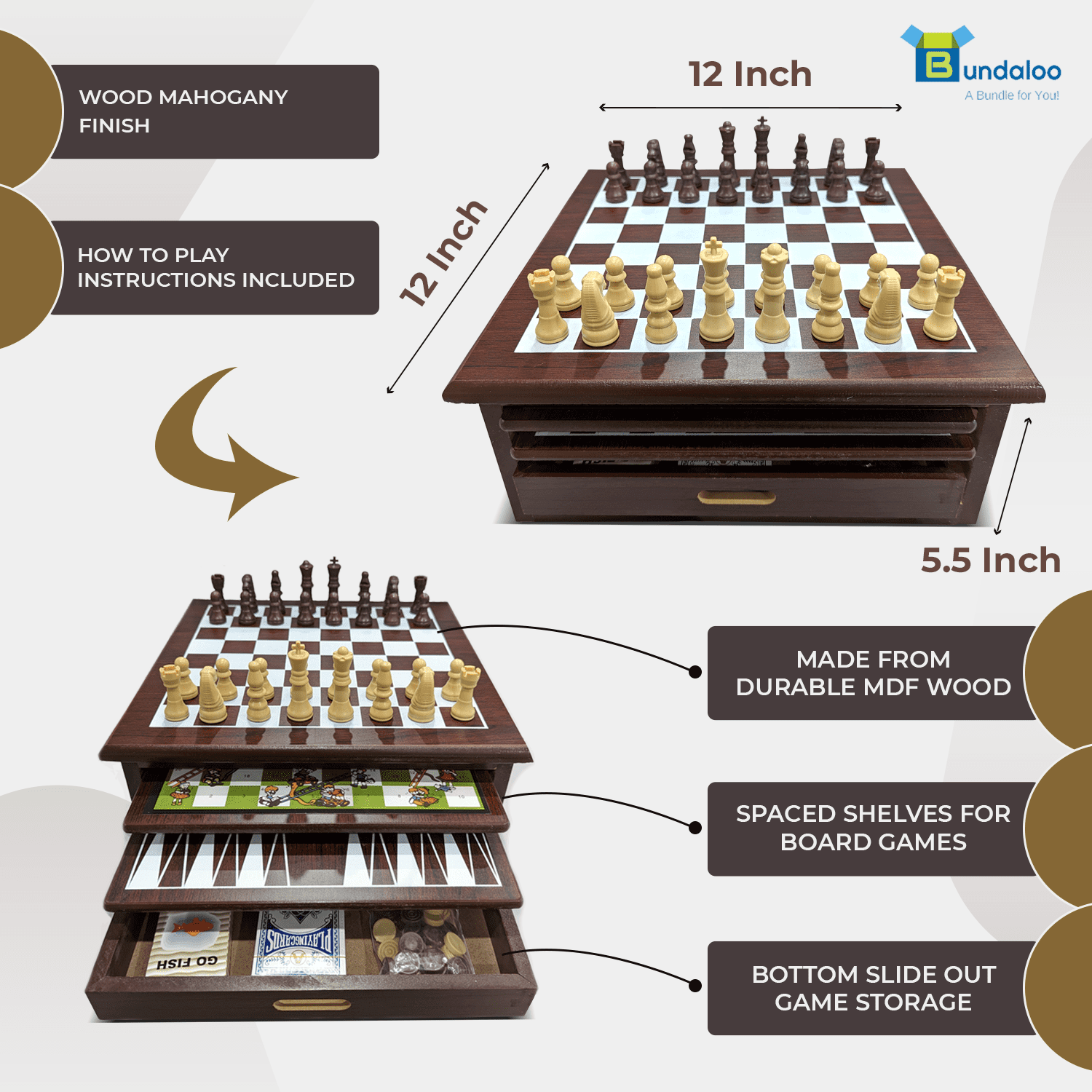 Bundaloo 15-in-1 Classic Wooden Board Game Set – Chess, Checkers, Backgammon, and More – Premium Multi-Game Collection with Built-in Storage