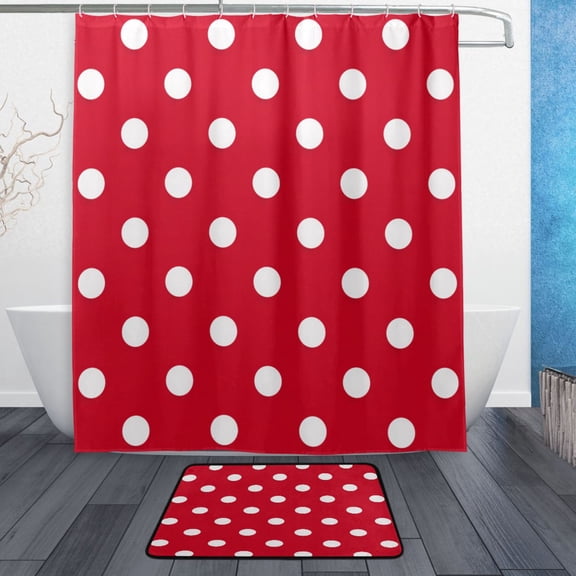 TTYFWHD 60" x 72" Shower Curtain and Bath Mat Set Vintage Red Polka Dot Waterproof Bathroom Curtain with 12 Hooks, Bathroom Decor Set