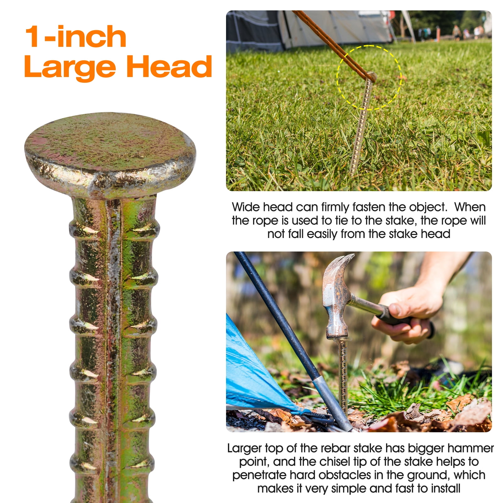 8 Pcs 16" Rebar Stakes Galvanized Steel Ground Anchors 1/2" Diameter - Heavy Duty for Plant Support Garden Stake Speed Bump, Wheel Stop, Tent