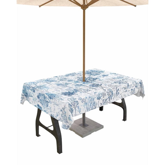 Fsddascl Blue Botanical Outdoor Tablecloth - 52x70 Inch Rectangle Dining Table Cover, Watercolor Spring Floral Summer Waterproof Outdoor Table Cloth with Umbrella Hole & Zipper for Picnic/Patio