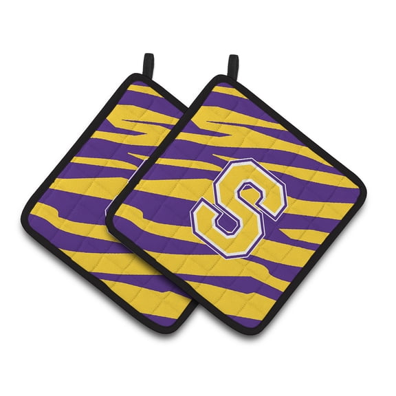 Letter S Monogram - Tiger Stripe - Purple Gold Pair of Pot Holders