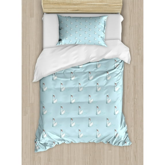 Swans Duvet Cover Set Twin Size, Pastel Toned Repeating Pattern of Aquatic Bird with Warm Colored Beak, Decorative 2 Piece Bedding Set with 1 Pillow Sham, Pale Turquoise Vermilion, by Ambesonne