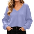 thumbnail image 4 of DISKEBUISS Women's Waffle Knit Cropped Sweater Long Lantern Sleeve V Neck Loose Fit Pullover Tops for Fall Casual, 4 of 8