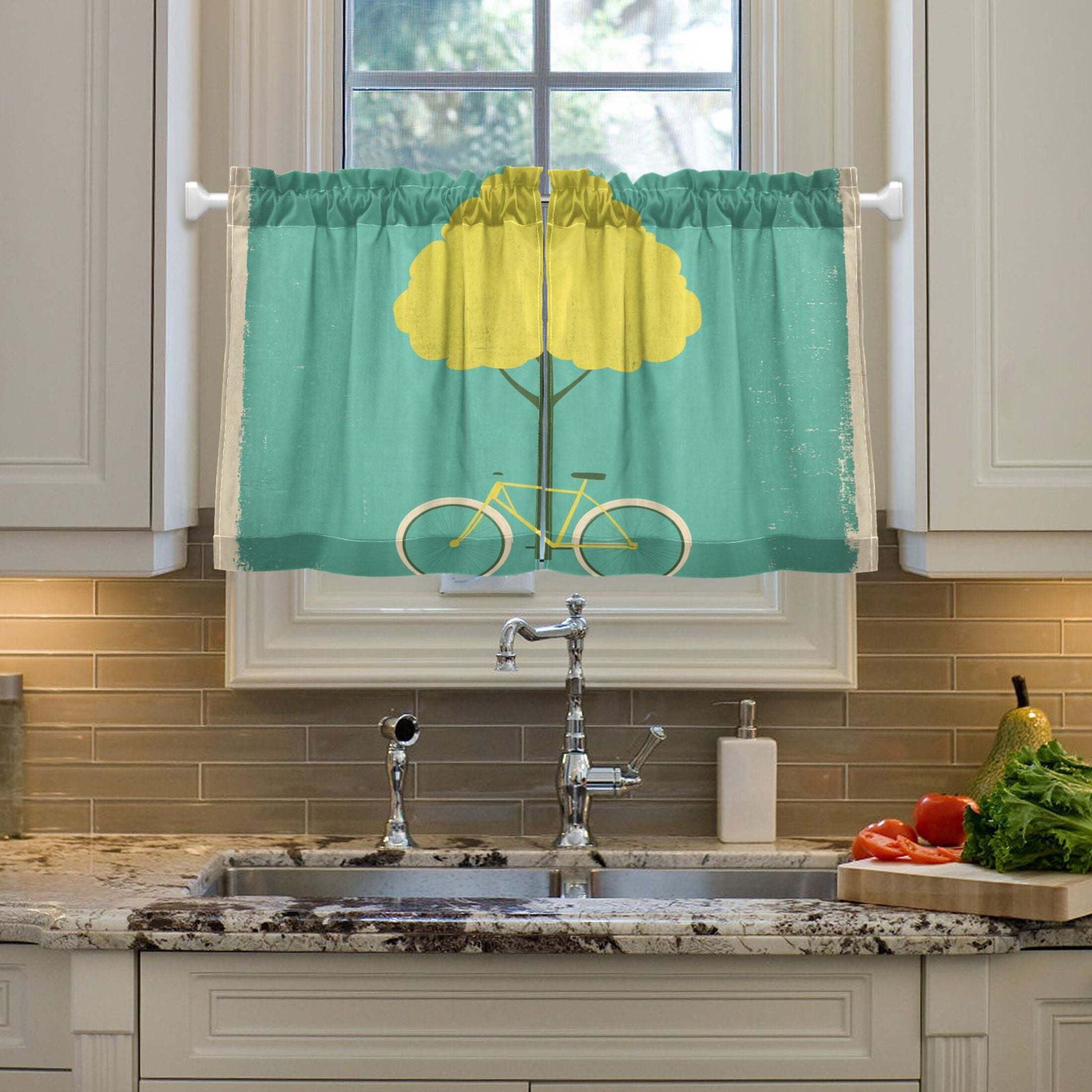Tree and Bike 27"x36" Linen Look Cafe Curtain Set with Privacy and UV Protection