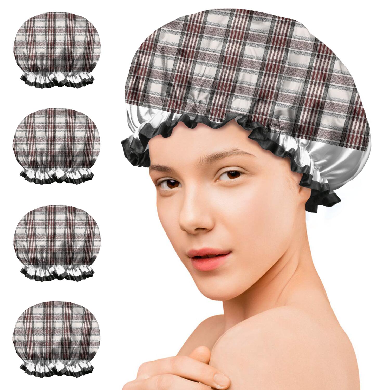 Shower Caps,Brown and White Checkerboard Checkered Pattern Waterproof Shower Cap for Women 4 Pieces,Double Reusable Hair Cover for Shower PEVA Elastic Stretch Hem