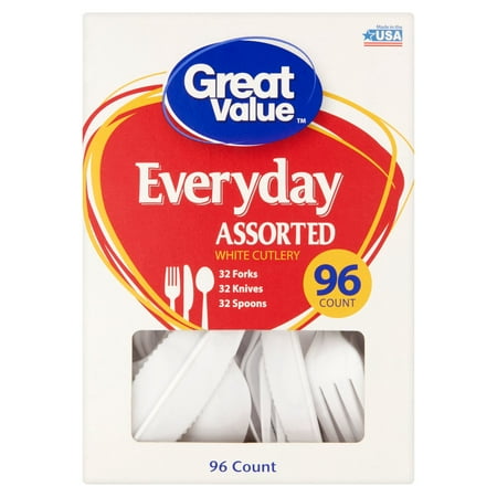 Great Value Everyday Assorted White Cutlery, 96 Count