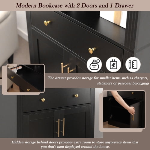 70.90"H Arched Bookshelf with Storage Cabinet, Tall Display Bookcase with Doors, Drawer & Adjustable Shelves, Freestanding Pantry Cabinet for Living Room, Home Office, Bathroom, Black