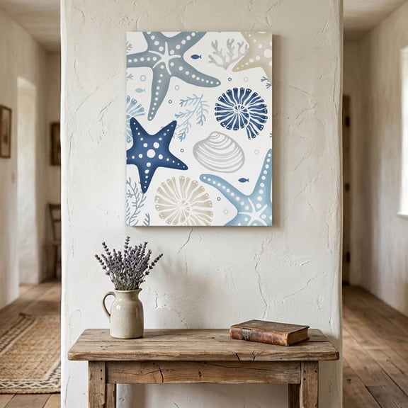 Ships Next Day Canvas Wall Art 18"x24", Blue Starfish Coastal Wood Framed Canvas Print Painting, Summer Beach Nautical Coral Sea Ready to Hang Picture Wall Decor for Home Bedroom Living Room Dining