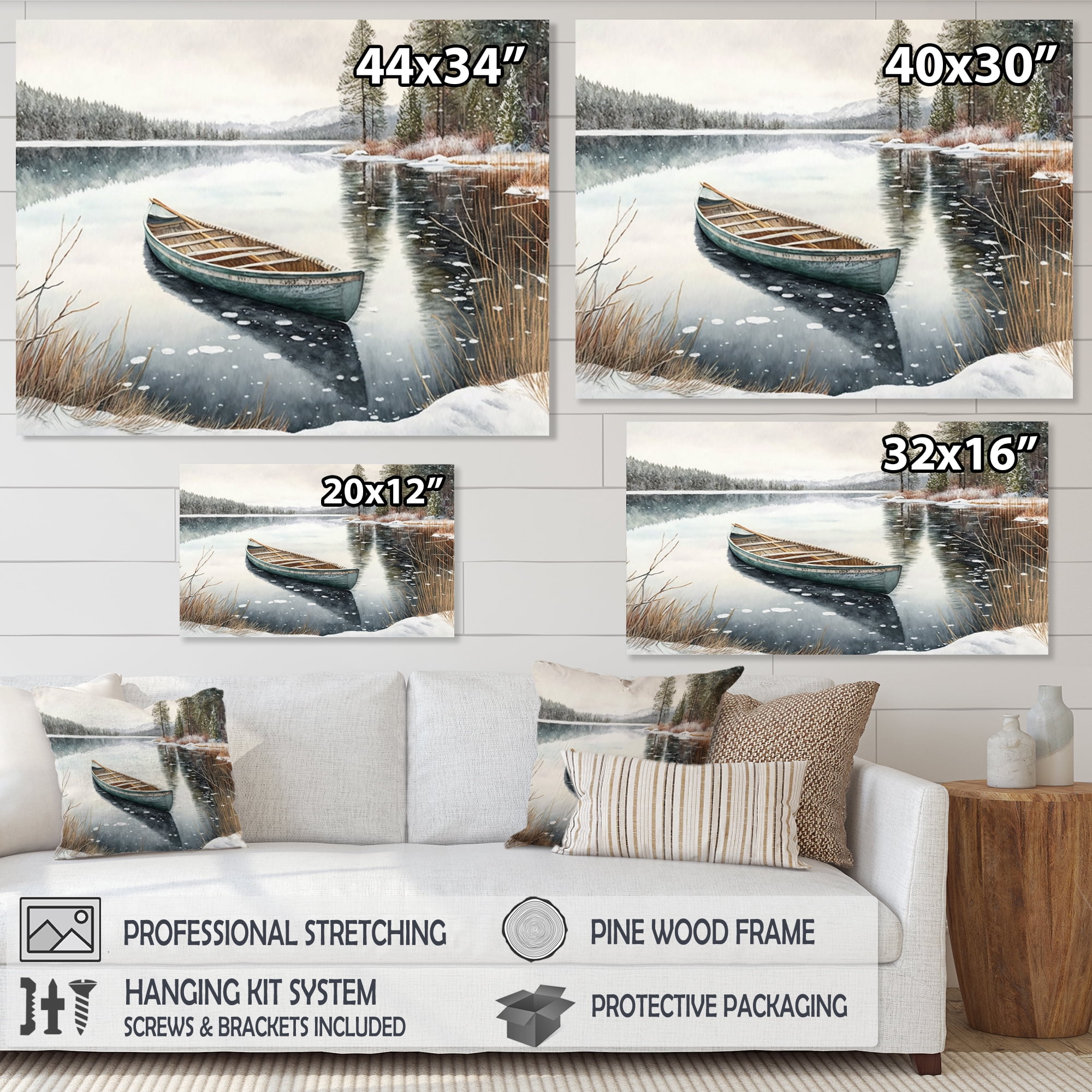 Designart Winter Scene With Canoe IV Canvas Wall Art