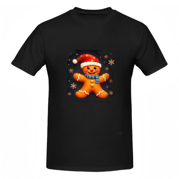 Festive Cotton Short Sleeve T-Shirt for Women - Gingerbread Man with Santa Hat & Colorful Snowflakes Design