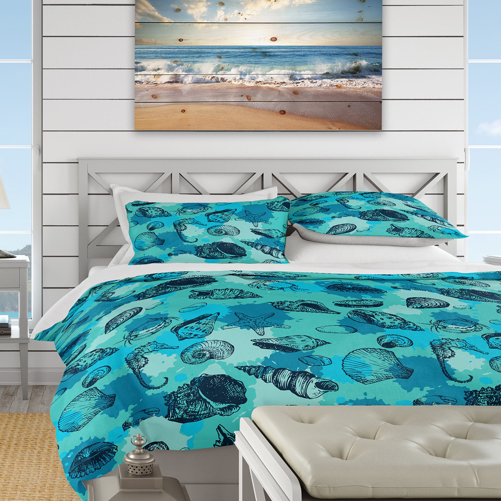 Designart 'Pattern with Line Drawing Shells' Nautical & Coastal Duvet Cover Set