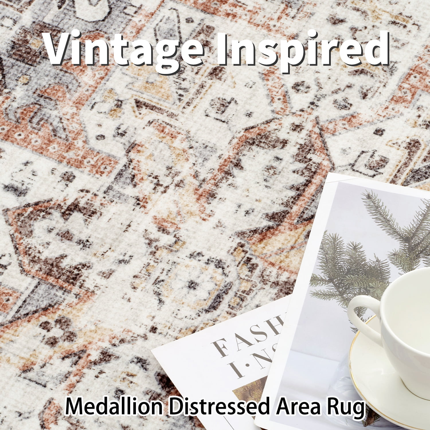 SIXHOME 9'x12' Area Rugs Washable Vintage Rugs for Living Room Distressed Floral Area Rug Indoor Soft Carpet Rugs for Bedroom Dining Room Office Throw Rugs Farmhouse Home Decor Beige