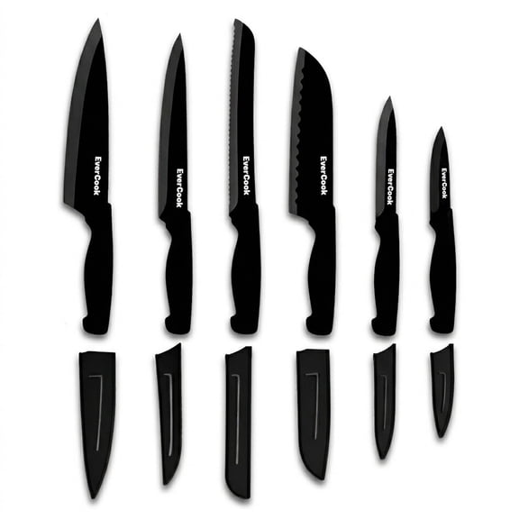 EverCook 12-Piece Kitchen Knife Set with Blade Sheaths, Stainless Steel Cutlery, Black