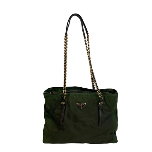 Pre-Owned PRADA Prada Chain Shoulder Triangle Plate Tote Bag Khaki Green Women's