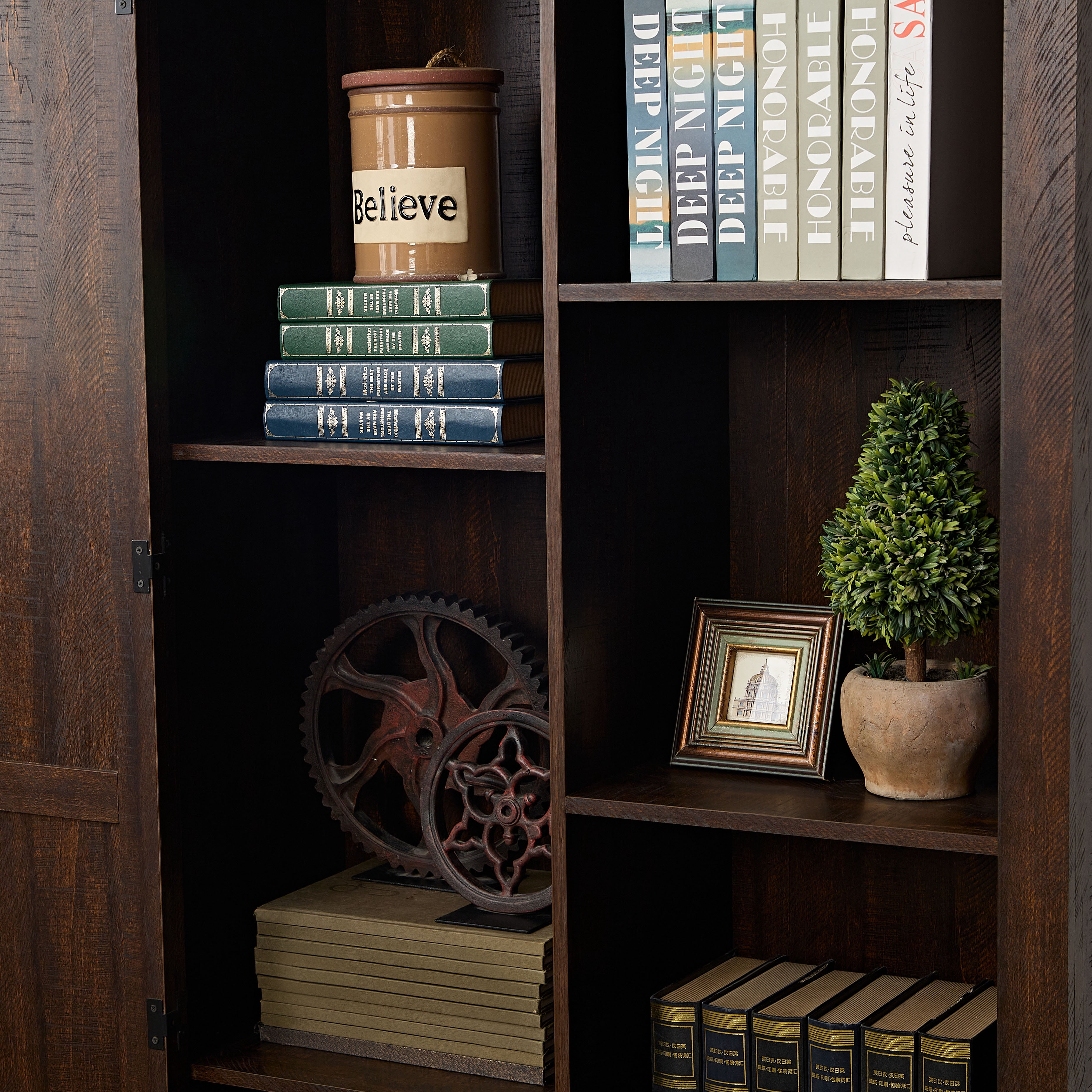 Rustic Farmhouse Tall Storage Cabinet Bookcase with Sliding Barn Door, Adjustable Shelf, Pantry Cupboard Kitchen Organizer Furniture Home Drawer Shelves