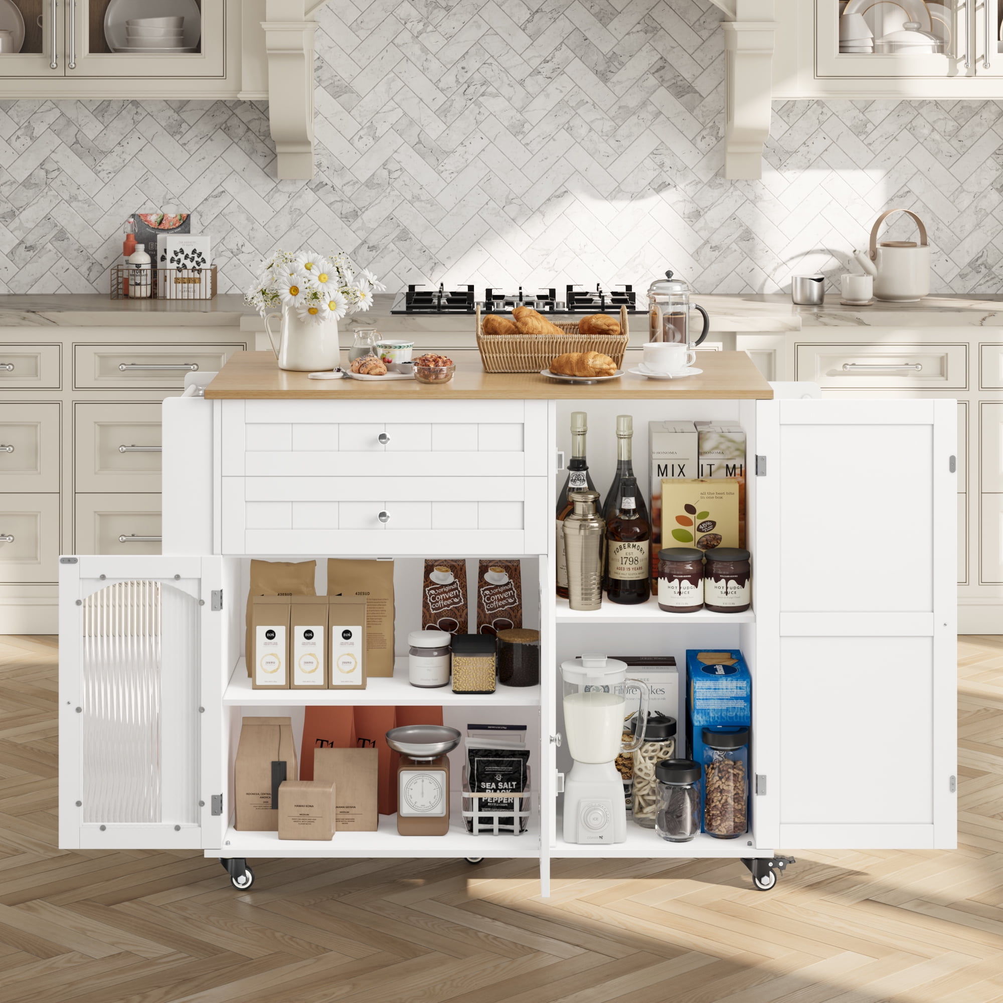 Homfa 43.3" Portable Kitchen Island Cart with Drop Leaf, 3-Doors 2-Drawers Wood Rolling Storage Cart with Spice Rack and Lockable Wheels