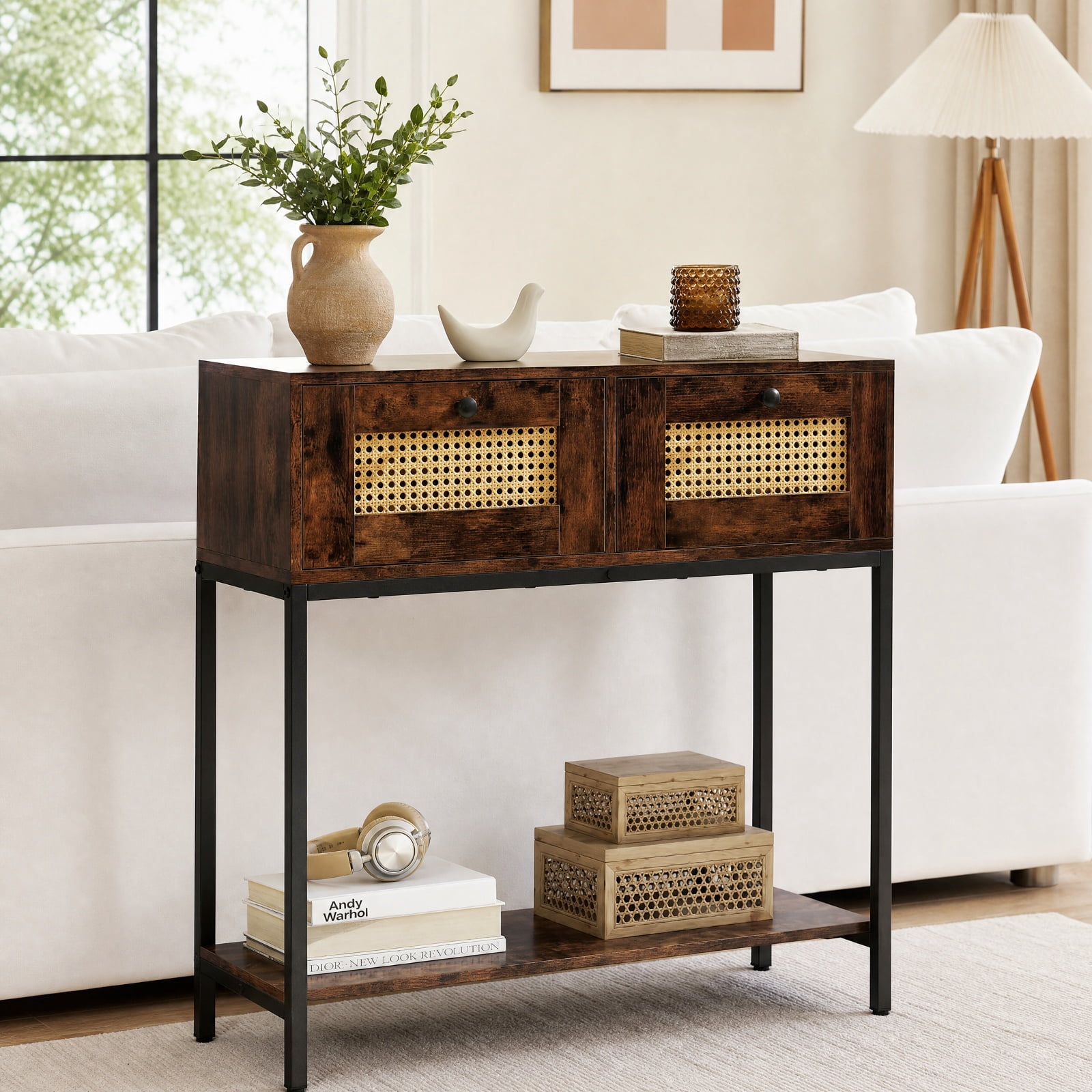 Furnibear Rattan Console Table Boho Entryway Table with 2 Rattan Drawers and Open Storage Shelf for Hallway Living Room, Rustic Brown