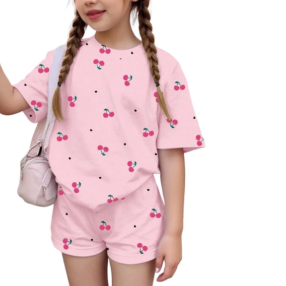 Grblisyd Girls Summer 2 Piece Outfits Cute Fruit Print Printed Short Sleeve Crew Neck T-Shirts and Shorts Girls' Clothing Sets 10-12Y