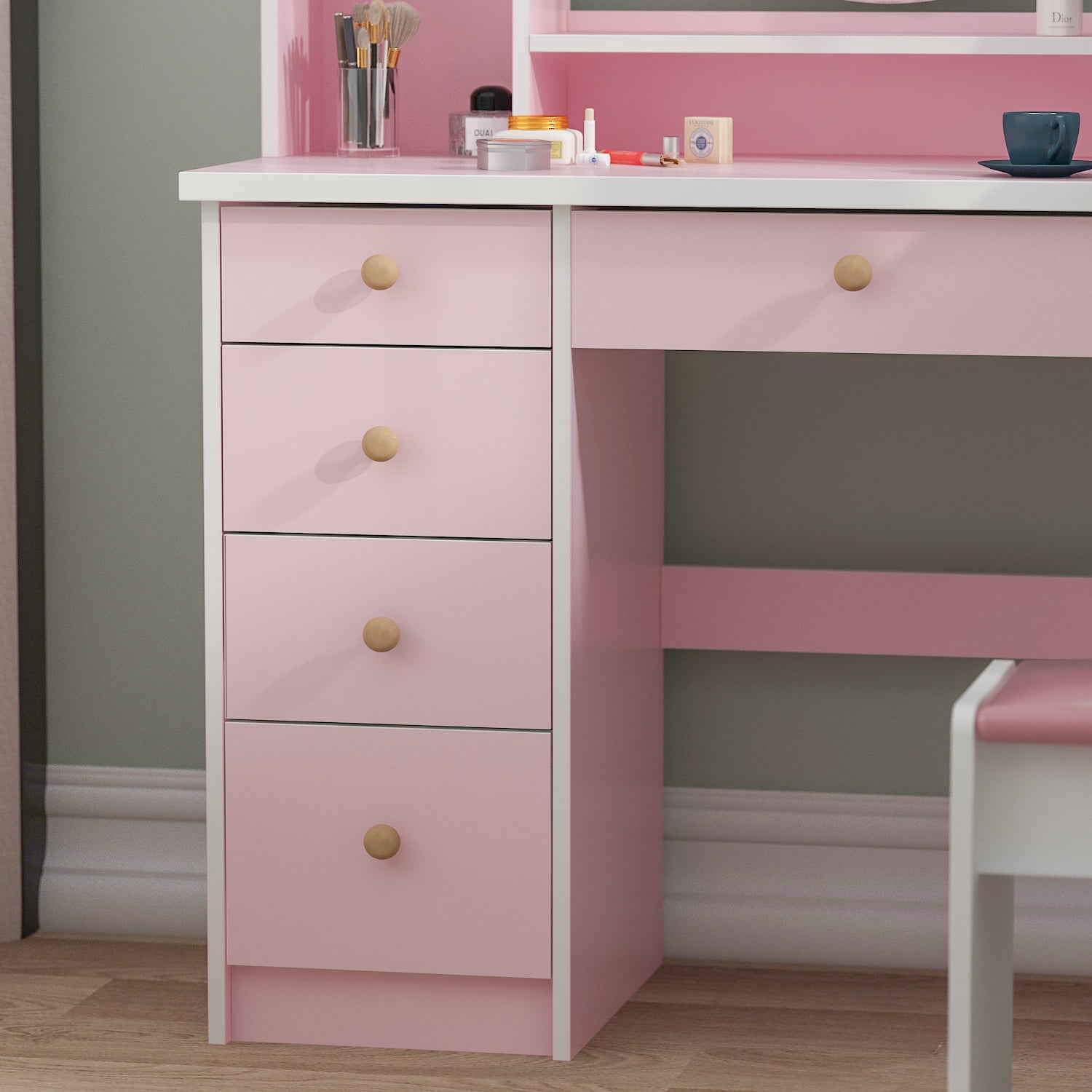 OxyLife Contemporary Vanity Set with LED Lights, Pink Table and Stool