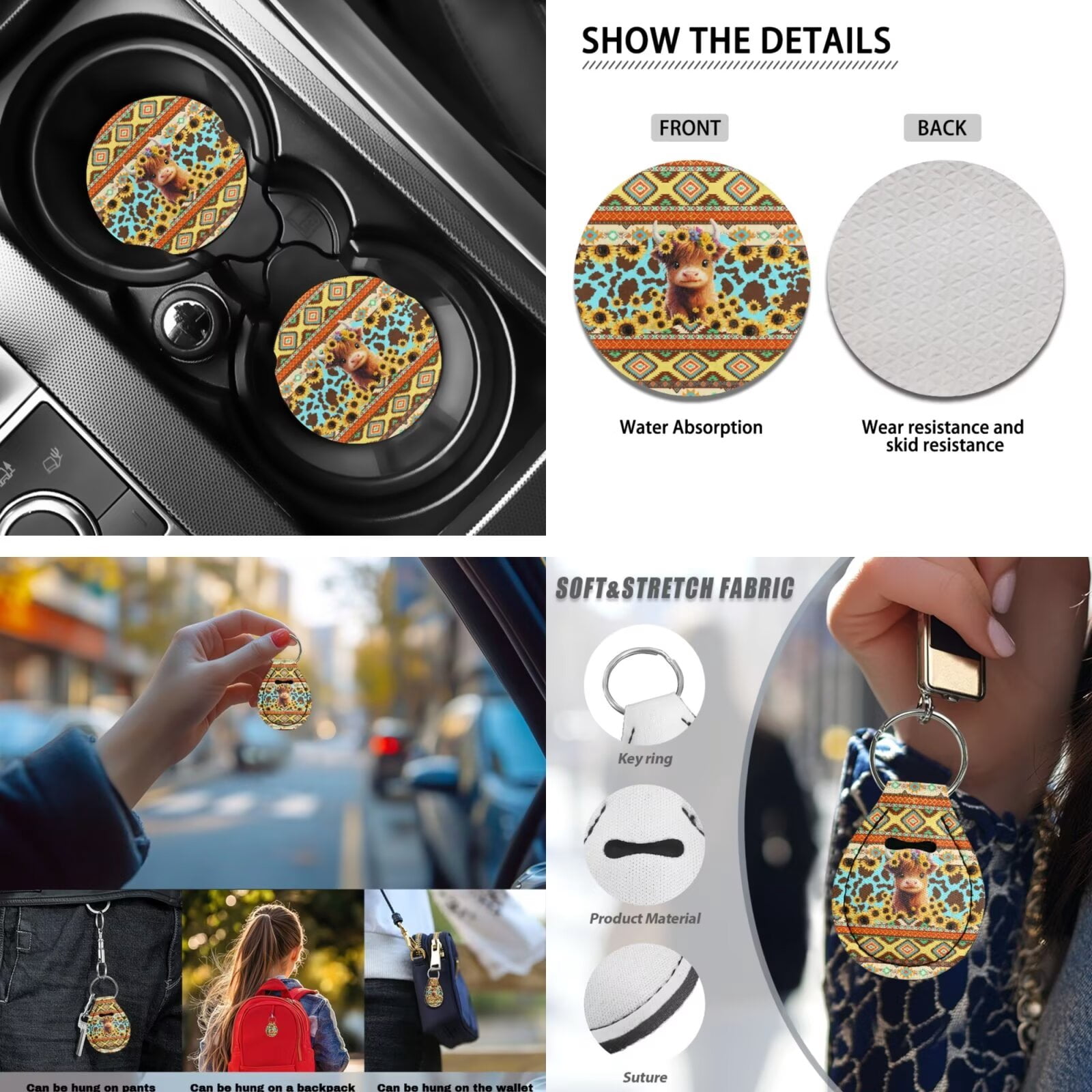 Garronmavis 13 Pieces Seat Cover Set Includes Seat Belt Cover Steering Wheel Cover Car Armrest Pad Coaster Keychain Lipstick Cover Car Cover for Women Aztec Highland Cows
