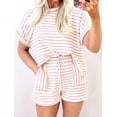 thumbnail image 4 of 2 Piece Sets for Women Summer Outfits Cute Stripe Knit T Shirts Shorts Matching Lounge Set Pink XL, 4 of 10