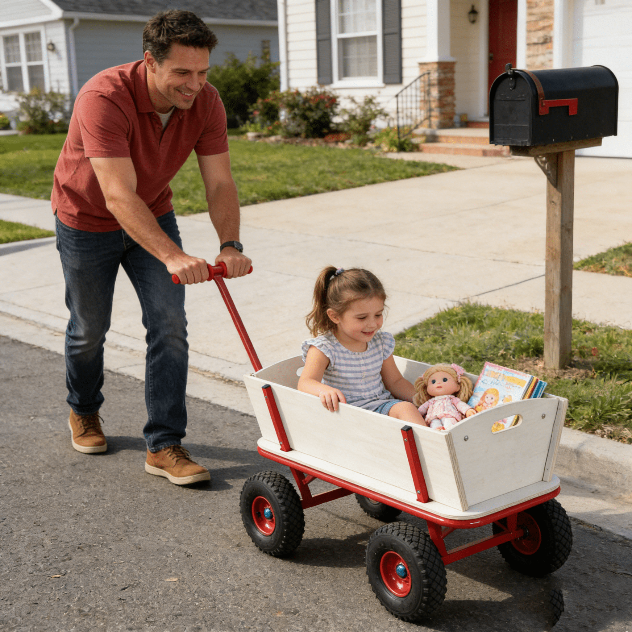 Olurrisa Red & Wood Children's Wagon with 4 All-Terrain Wheels & Side Handles, 260 lbs Capacity Outdoor Stroller Cart for Toys, Gardening, and Family Fun
