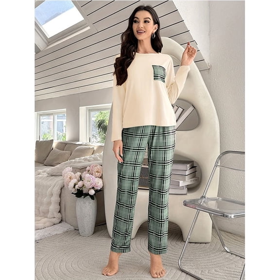 Women's Long Sleeve Plaid Pajama Set, Soft Polyester Crew Neck Loungewear Top and Straight Leg Pants 2 Piece Sleepwear Set