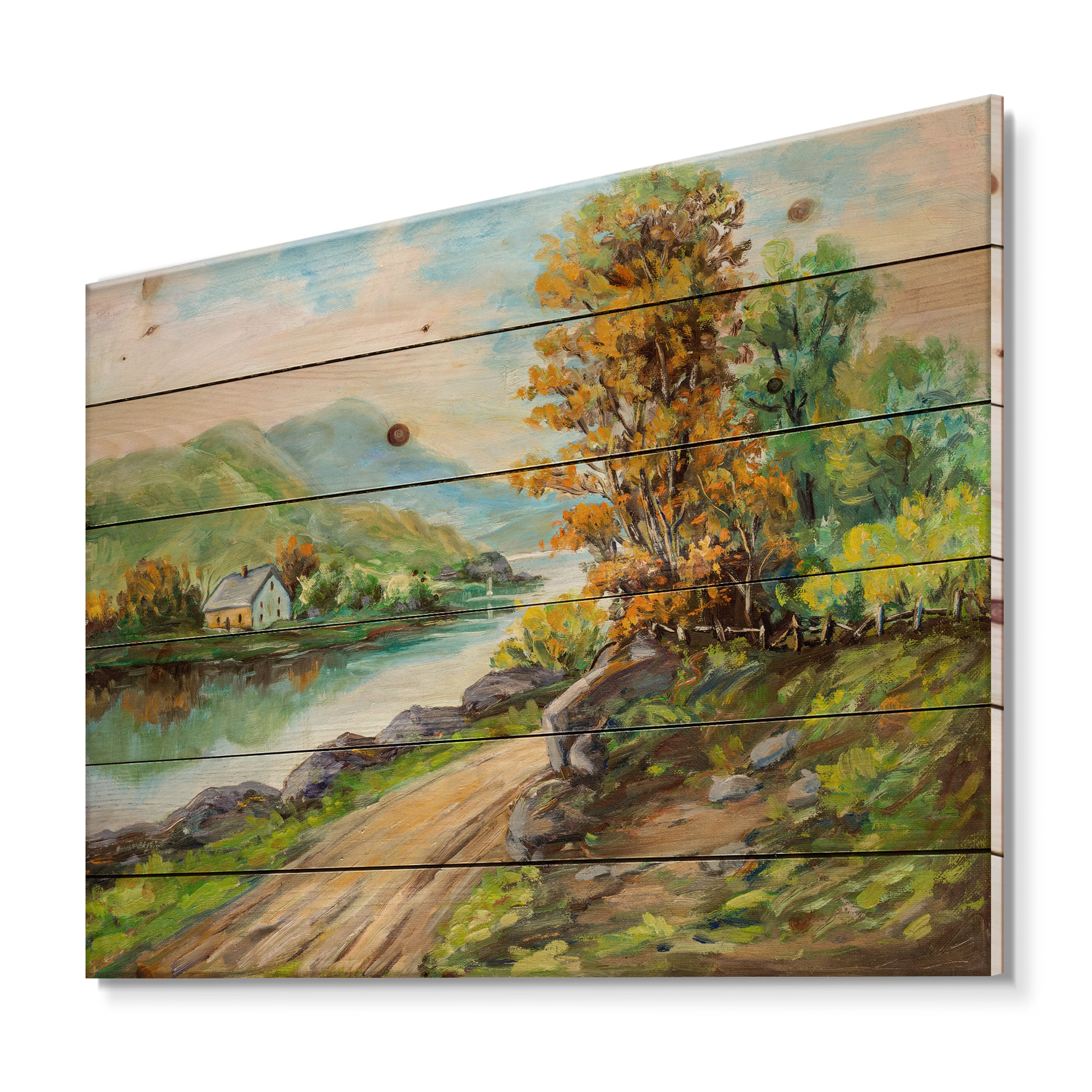 Designart 'The River By The Rural Road' Traditional Print on Natural Pine Wood