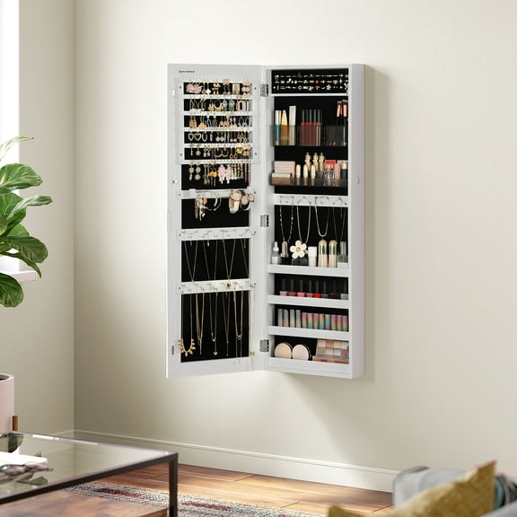 Wall-Mounted Jewelry Armoire with Lock, 2 Plastic Cosmetic Trays, Full-Length Mirror, White, Compact Organizer Unit
