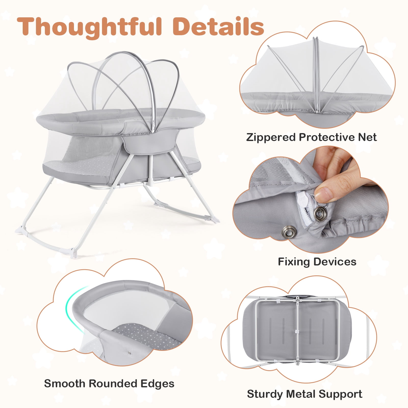 Costway 2 in 1 Baby Bassinet with Rocking Motion with Breathable Mesh Gray