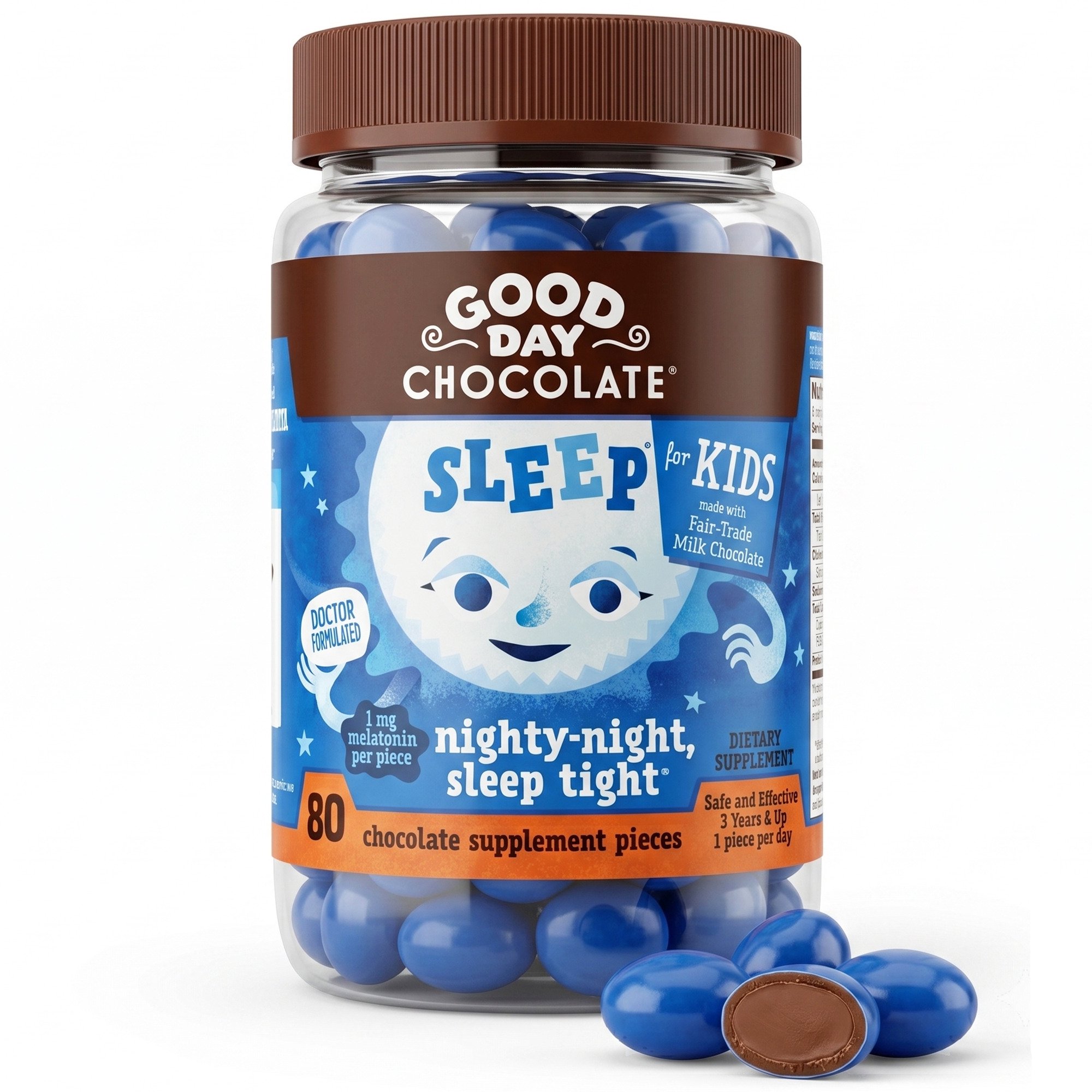 Good Day Chocolate Kids Sleep Aid, Melatonin 1mg Chamomile, Milk Chocolate | 80 Count | Non-GMO, Fair Trade, Doctor-Founded