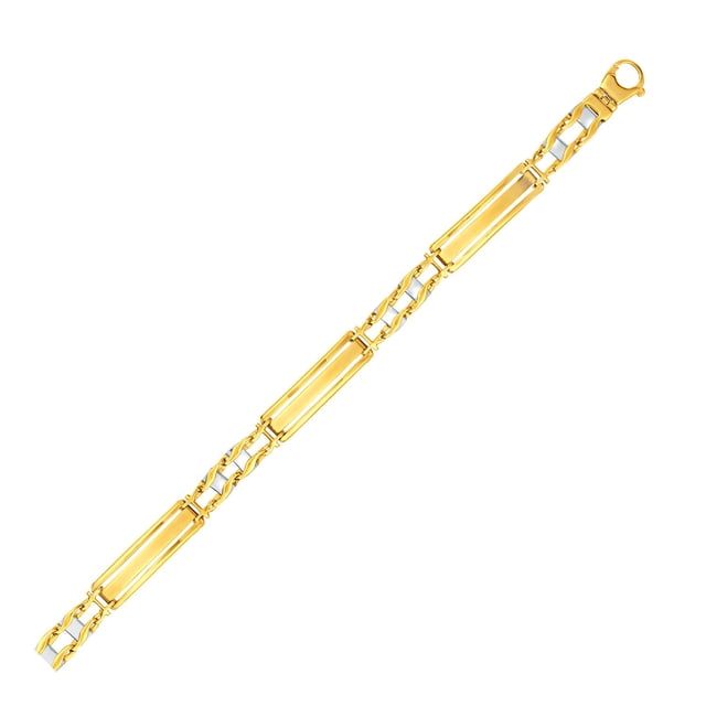14k Two-Tone Gold Fancy Bar Men's Bracelet Curved Connectors 8.25 in