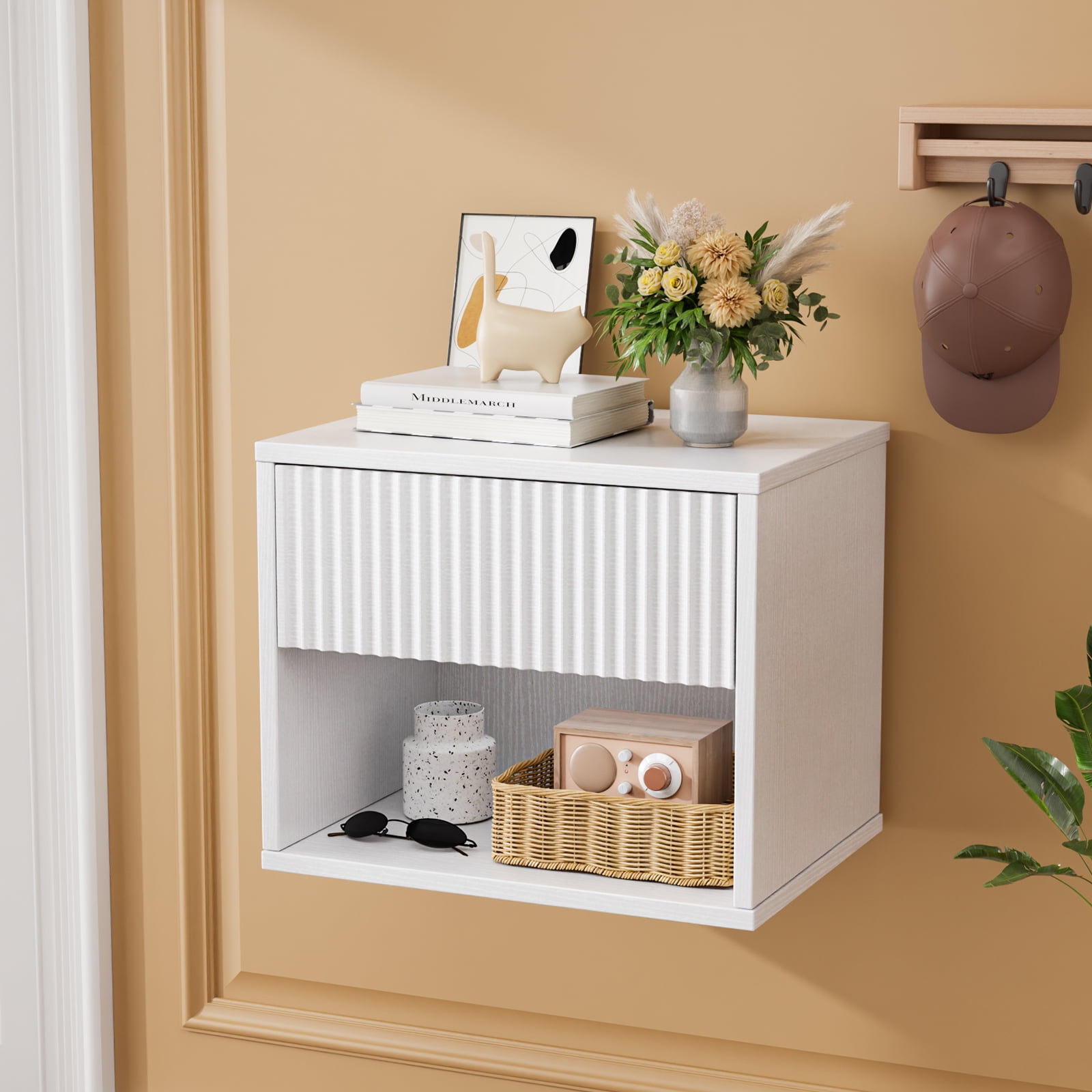 Zimtown Fluted Floating Nightstand Set of 1, End Table Wooden Bedside Table Large Capacity Easy to Assemble, White