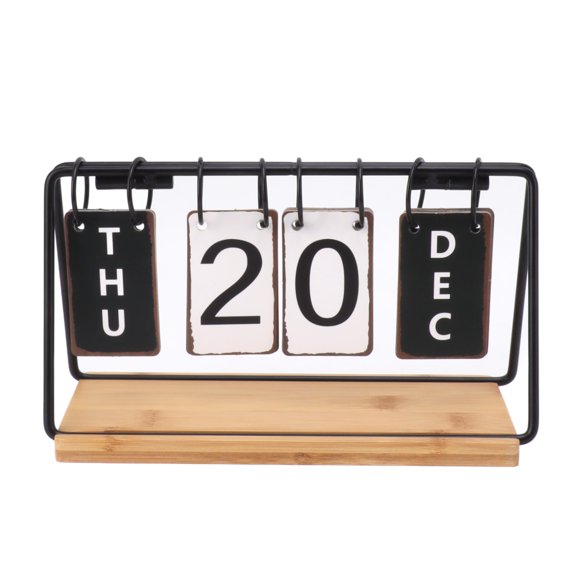 Desk Flip Calendar, Reusable and Foldable Iron Frame Wood Base Standing Perpetual Calendar with Month Date Week Boards for Home Office Decor